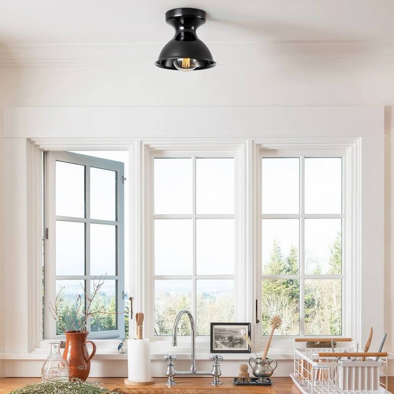 1-Light 8.4 in. Polished Modern Industrial Bowl Dome Small Semi-Flush Mount Light - 8.4 in. W x 7 in. H