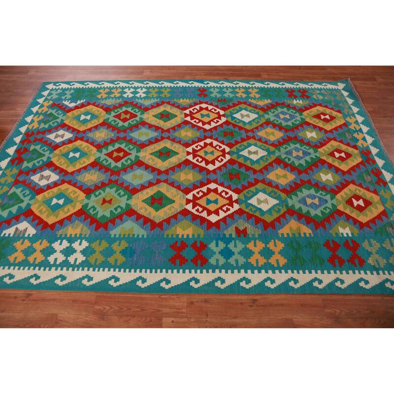 Hand Woven Oriental 100% Wool Carpet Southwestern All-Over Multi-Colored Kilim Area Rug - 8' 2'' X 5' 8''
