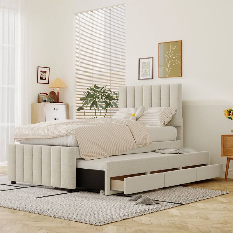 Twin Size Wood Bed Frame Linen Fabric Upholstered Platform Bed with 3 Drawers and Trundle, No Box Spring Needed,Beige