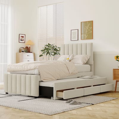 Upholstered Twin Size Platform Bed with Trundle & 3 Drawers for Kids Bedroom,Solid Bedframe w/Storage & Linen Fabric for Bedroom