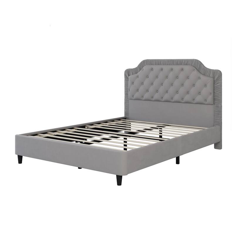 Modern Queen Size Upholstered Bed with Ruched and Button Tufted Headboard, Wooden Frame with Metal Base, No Box Spring Needed