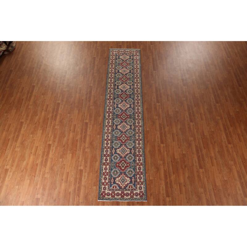 Blue Geometric Kazak Runner Rug Handmade Oriental Wool Carpet - 2'8" x 12'7"