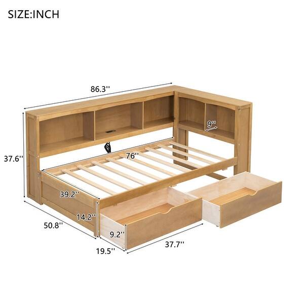 dimension image slide 0 of 2, Twin Size Daybed with Bookcase, 2 Storage Drawers, Storage Cabinets and 2 USB Ports For Kids
