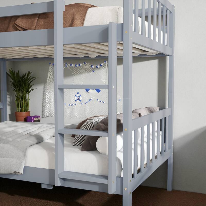 Twin Over Twin Rubber Wood Bunk Bed with 2 Drawers, Convertible into 2 Twin Beds, Ladder and Safety Guardrails