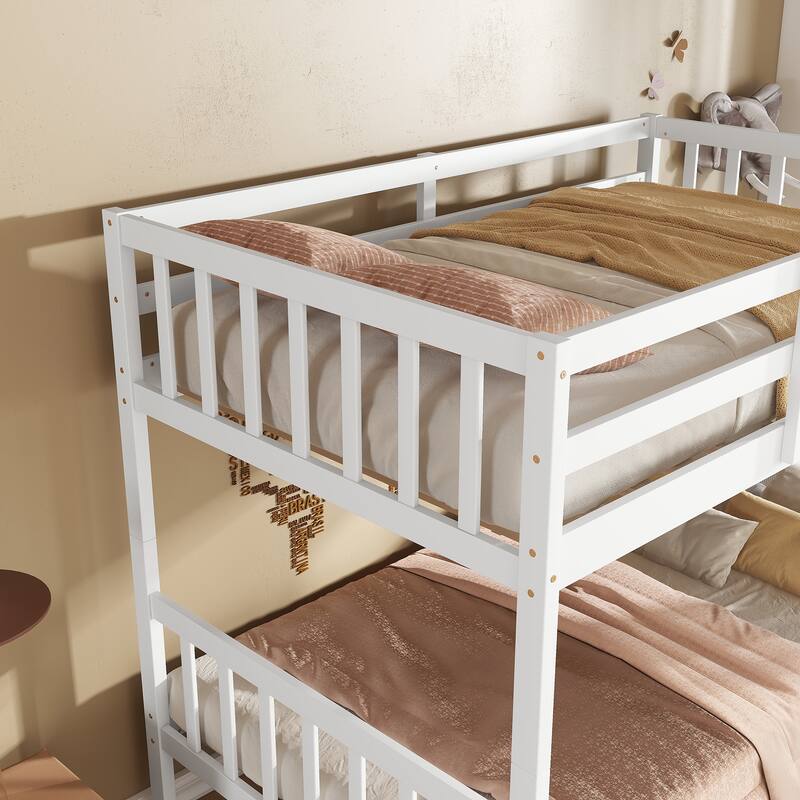 Twin Over Twin Rubber Wood Bunk Bed with 2 Drawers, Convertible into 2 Twin Beds