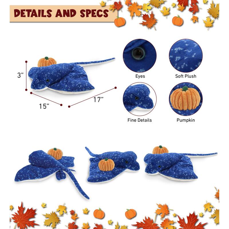 DolliBu Spotted Blue Ray Stuffed Animal with Pumpkin Plush Decor - 17 inches