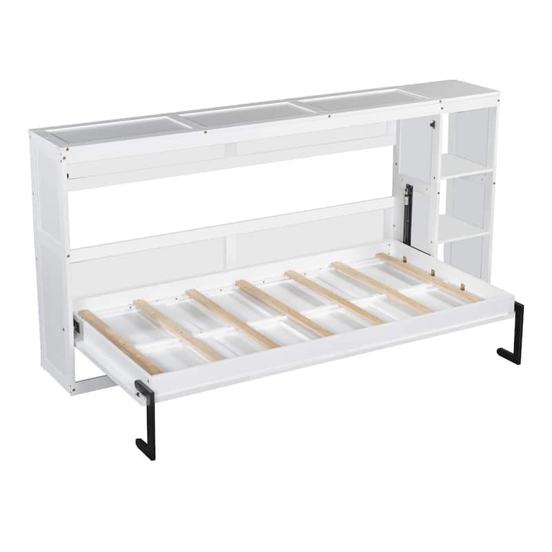 Minimalist Fold Down Bed Murphy Bed with 3 Storage Racks, Striped Decoration Wall Bed Hidden Bed for Guest Room Small Spaces