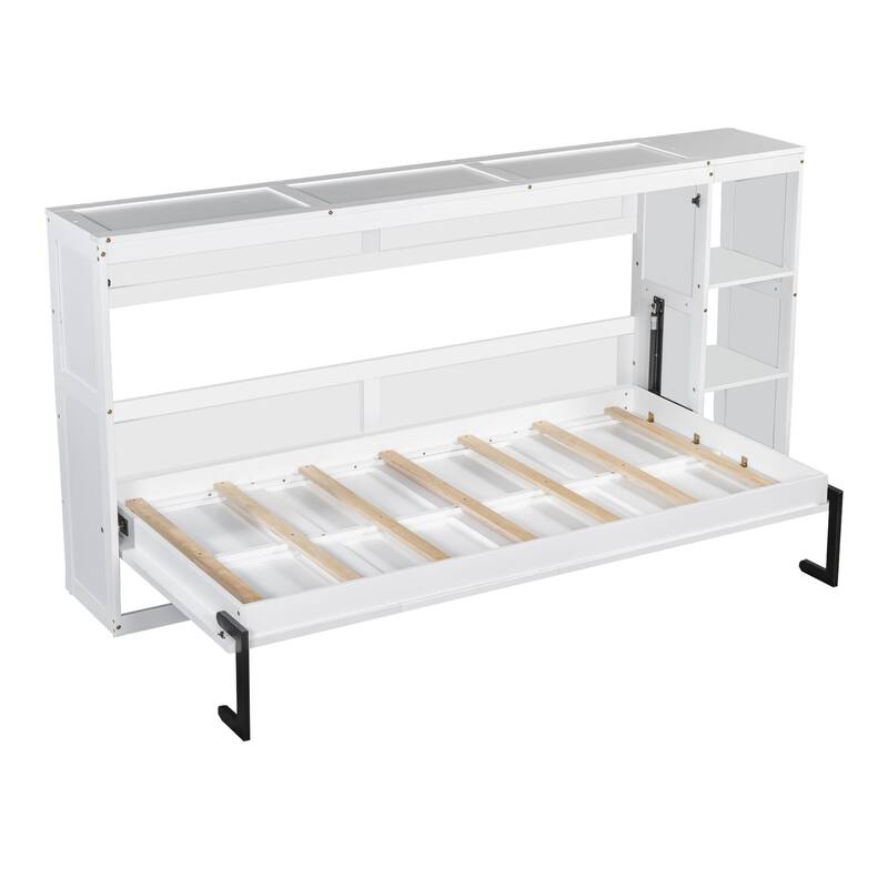 Space-Saving Twin Size Murphy Bed with Bookshelf and Storage, White