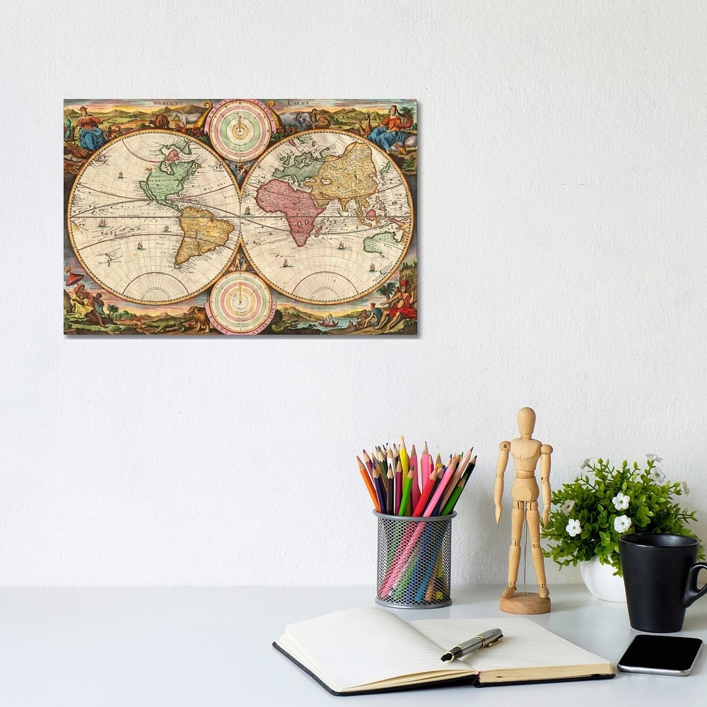 iCanvas "Antique Map of the World in two Hemispheres (1730)" by Stoopendaal Canvas Print