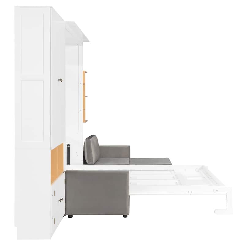 Queen Murphy Bed with Sofa and Cabinets Space Saving Sofa Wall Bed with Open Shelves and Dual Lights for Living Room Guest Room