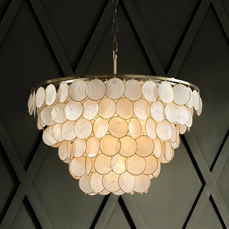 Wide Modern Coastal Aged Bronze Natural Capiz Shell Tiered Chandelier Vintage Glam Pendant For Living Room - W24''