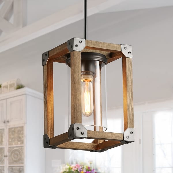 slide 2 of 10, The Gray Barn 1-Light Wood Pendant Lights with Glass Shade for Kitchen Island - W5.1"xH8.3"