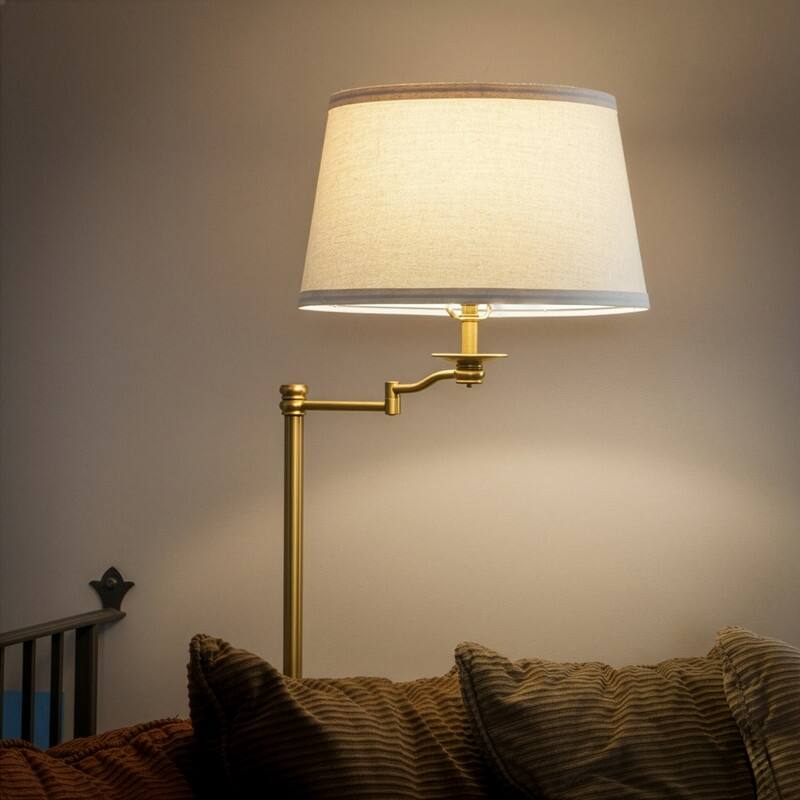 Brightech Caden 60 in. Antiqued Brass Mid-Century Modern 1-Light Extendable Swing Arm LED Floor Lamp with Beige Linen Drum Shade