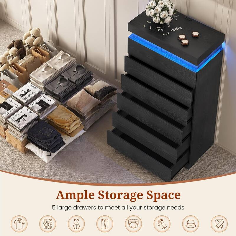 Bedroom Dresser Drawers with LED Light Power Outlet Chest of Drawer