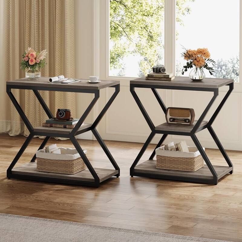 23.62 Inches Brown Wooden End Table with Storage Shelves for Living Room, 3-Tier Industrial Bedside Table for Bedroom - Grey - 2 Pcs