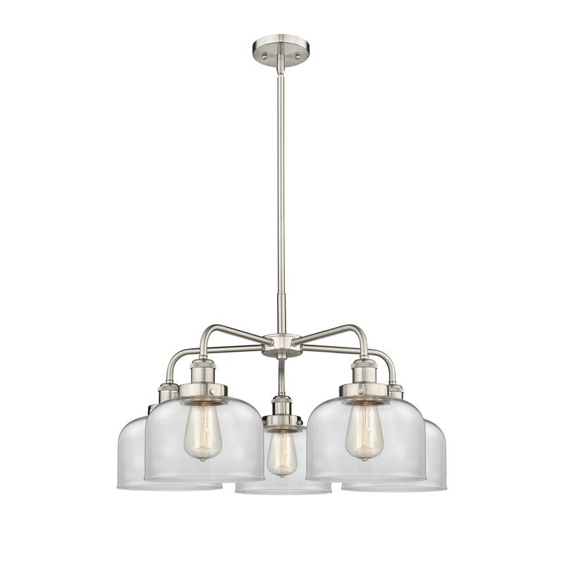 Innovations Lighting Bell - 5 Light 26" Stem Hung Chandelier - Clear/Satin Nickel