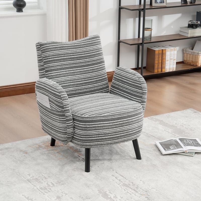 HOMEFUN Boucle Upholstered Stripes Comfortable Wood Frame Single Armchair with Side Pocket - Dark Grey