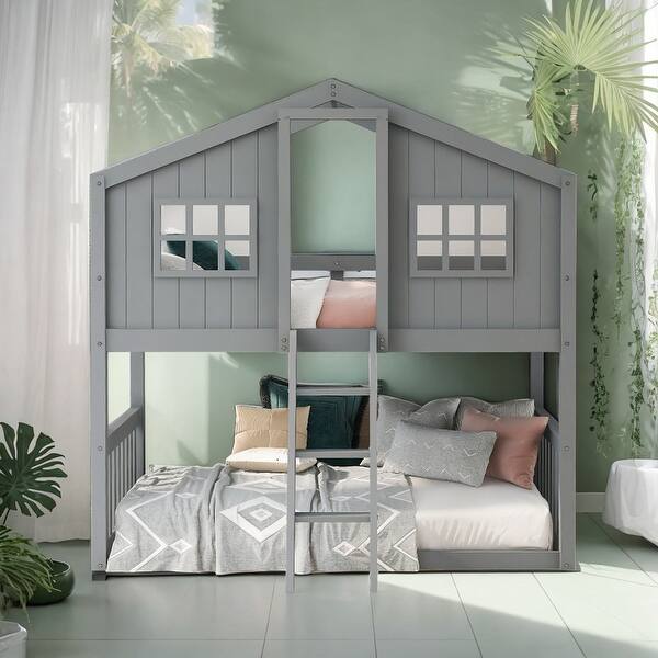 slide 2 of 16, Stylish Twin Over Twin Wood House Shaped Bunk Bed With Built-in Ladder and Guardrail, Solid Construction, Gray Grey