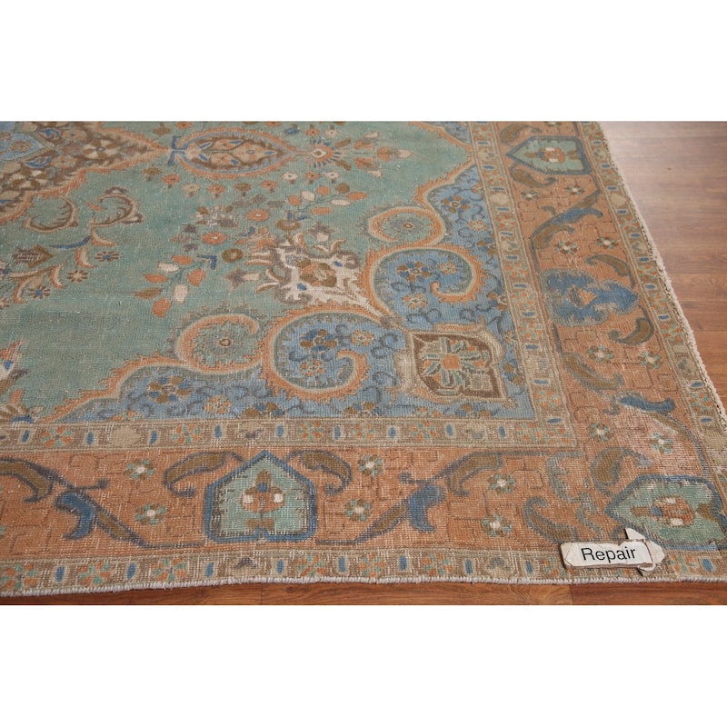 Turquoise Green Tabriz Persian Vintage Area Rug Handmade Wool Carpet - 7'6" x 10'10"