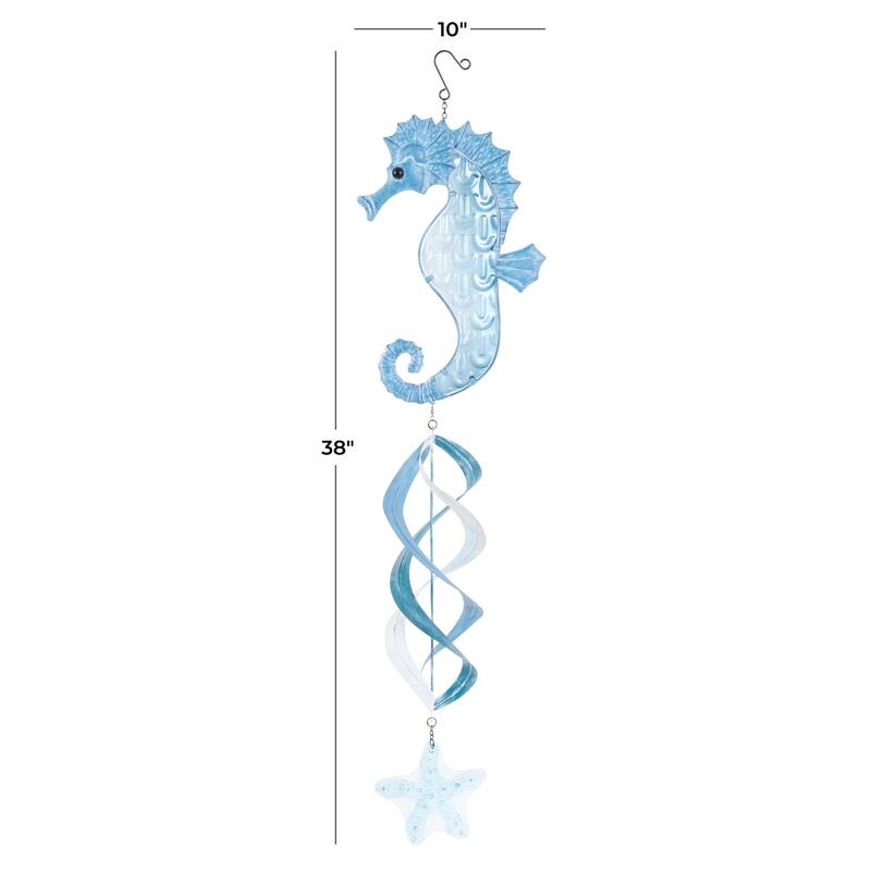 Metal Sea Horse Swirl Wind Spinner Windchime with Starfish Accent - Blue - Roche River Decor