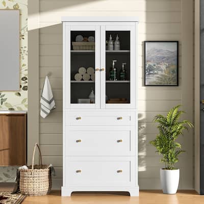 70.1" Tall Bathroom Floor Storage Cabinet, Freestanding Cabinet with Soft Close Glass Doors, Adjustable Shelves