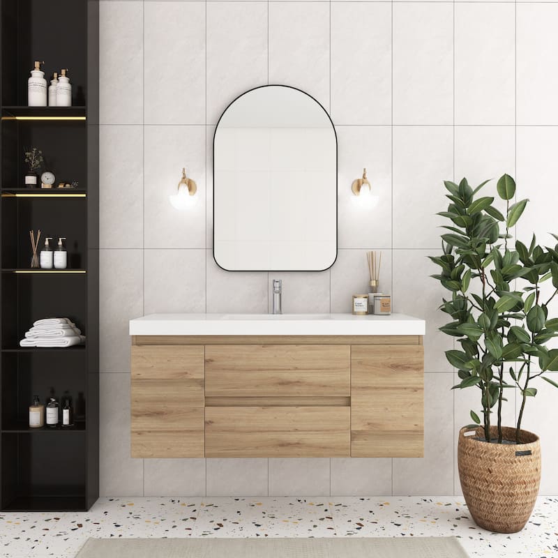 Angela Wall Mounted Bathroom Vanity in F. Oak with White Cultured Marble Top