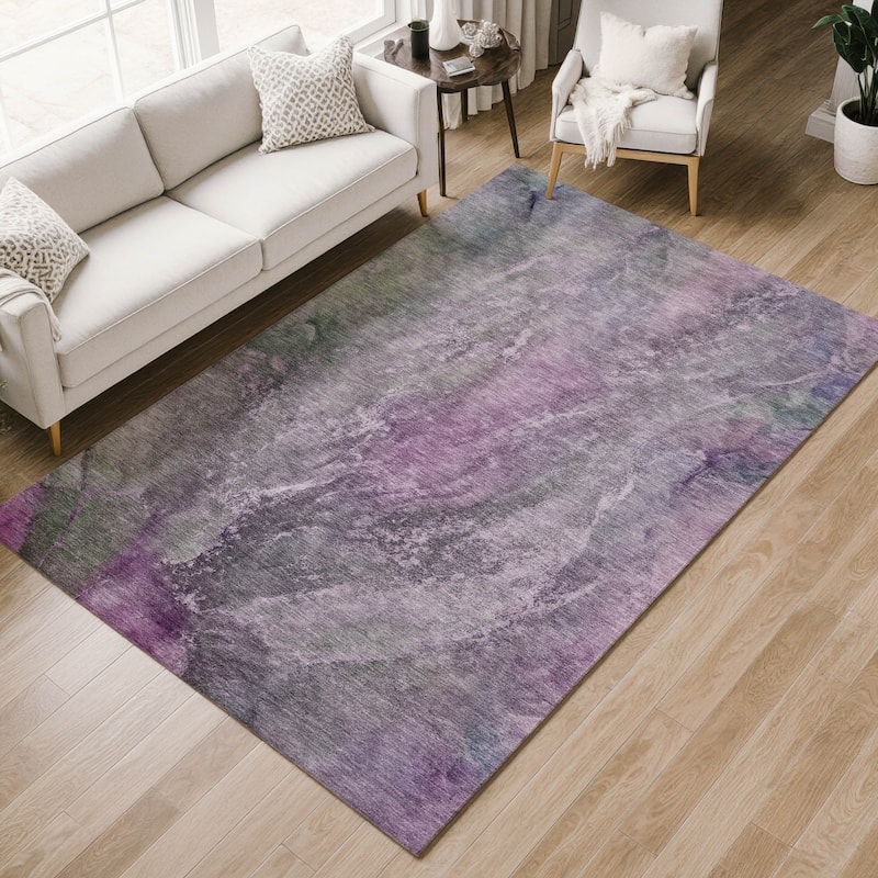 Machine Washable Indoor/ Outdoor Abstract Watercolor Chantille Rug