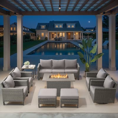 Outdoor Sofa Swivel Chairs Set with Fire Pit Table - Grey cushion