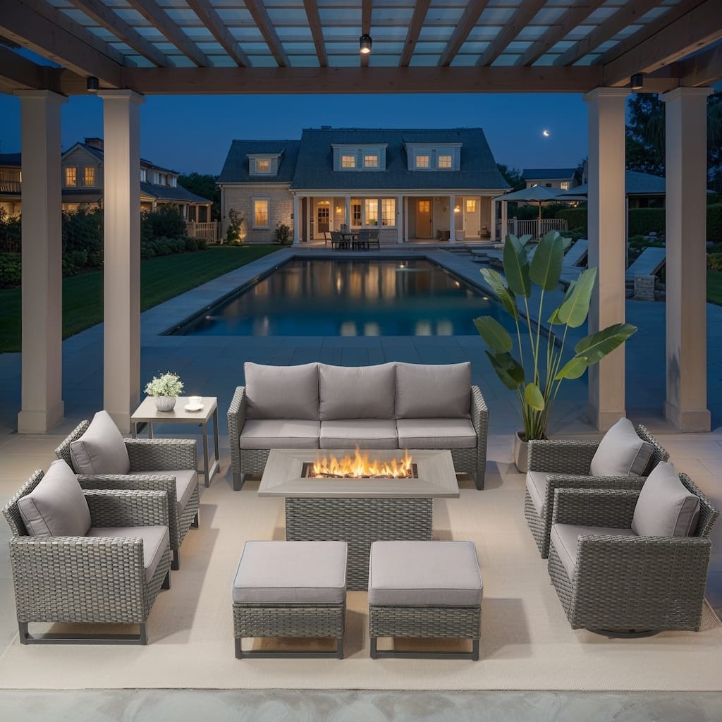Outdoor Sofa Swivel Chairs Set with Fire Pit Table - Grey cushion