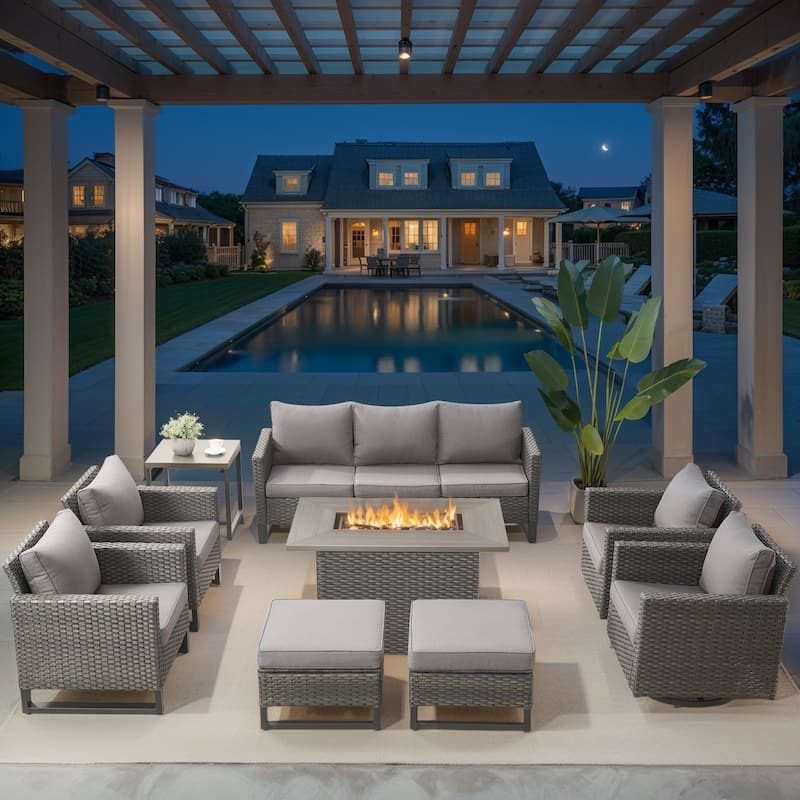 Outdoor Swivel Chairs Sofa Chair Set with Fire Pit Table - Grey - Grey