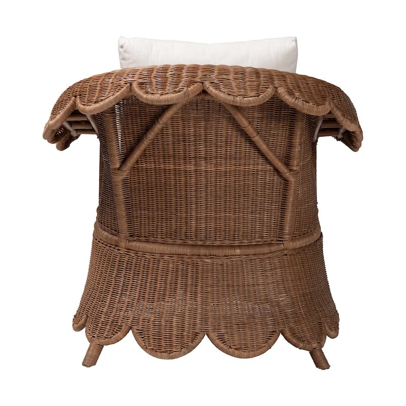 Detta Natural Rattan Armchair and Ottoman Set - 2-Piece Handwoven Wicker Lounge Seating with Scalloped Skirt Base and Arms
