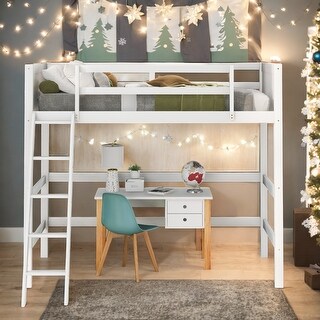 Modern Twin Size Study Loft Bed With Ladder and Solid Wood For Bedroom,Dorm,Kids