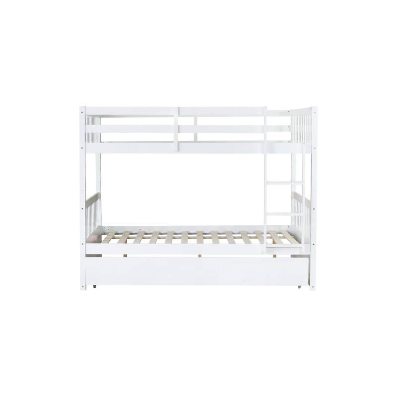 Roomfitters Full Over Full Rubber Wood Bunk Bed with Pull-Out Trundle, Convertible Design, Ladder and Safety Guardrails, White
