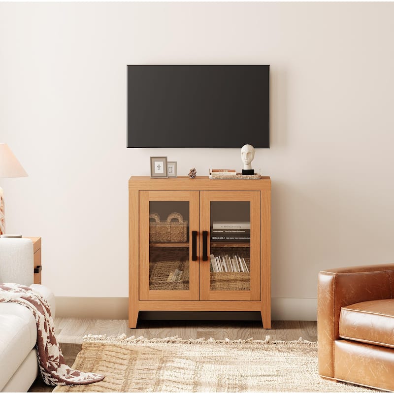 WAMPAT Modern Farmhouse TV Stand, Entertainment Center with Tempered Glass Doors & Adjustable Shelves