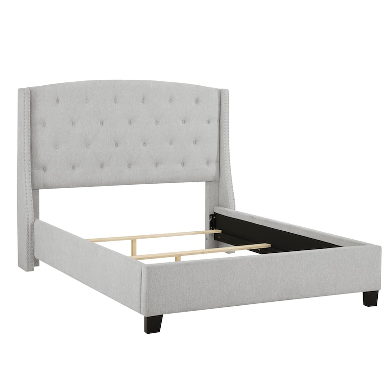 Queen Size Upholstered Panel Bed with Button Tufted Headboard, Dove Gray, Wood Fabric