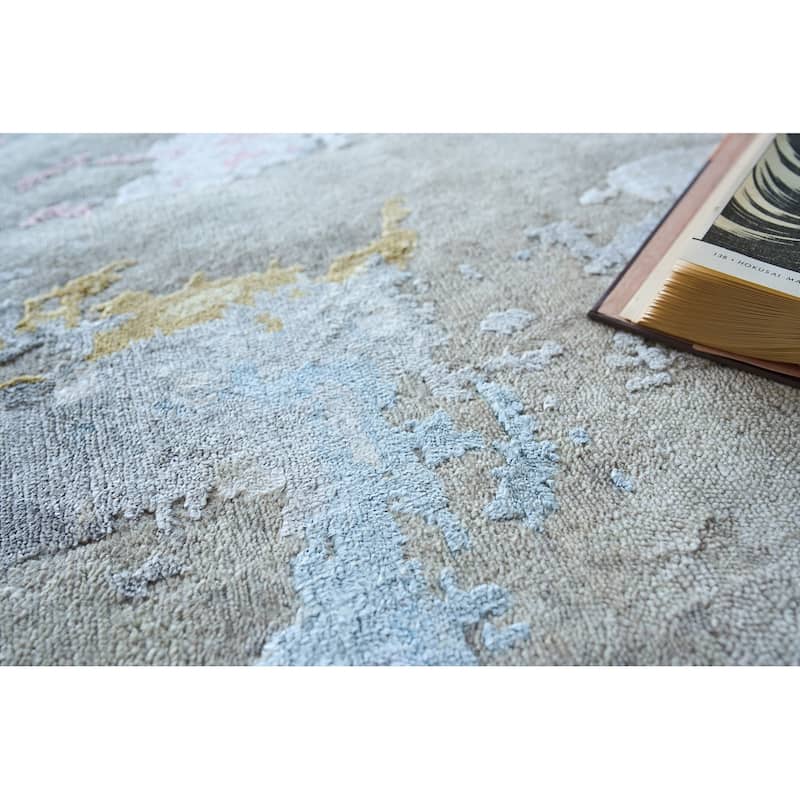 EXQUISITE RUGS Cosmo Hand-knotted Wool/Bamboo Silk Silver/Blue/Beige Area Rug.