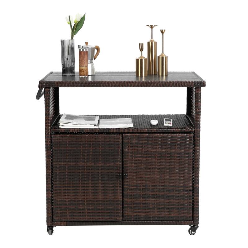 Outdoor Wicker Bar Cart,Patio Wine Serving Cart Wheels,Rolling Rattan Beverage Bar Counter Table Glass Top