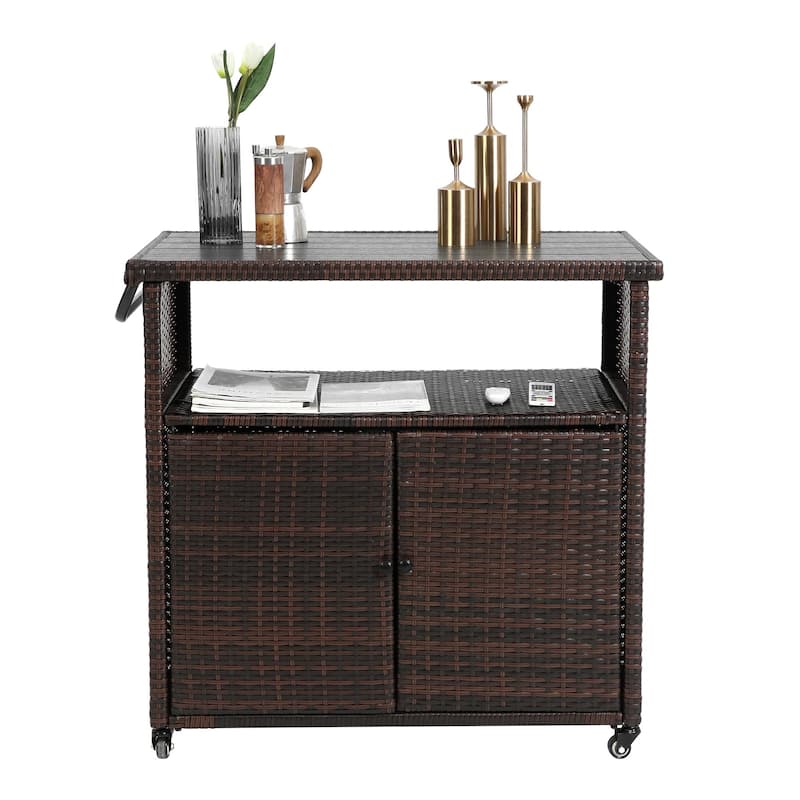 Outdoor Wicker Bar Cart with Glass Countertop, Rolling Rattan Beverage Bar Counter Table on Wheels for Porch, Backyard, Garden