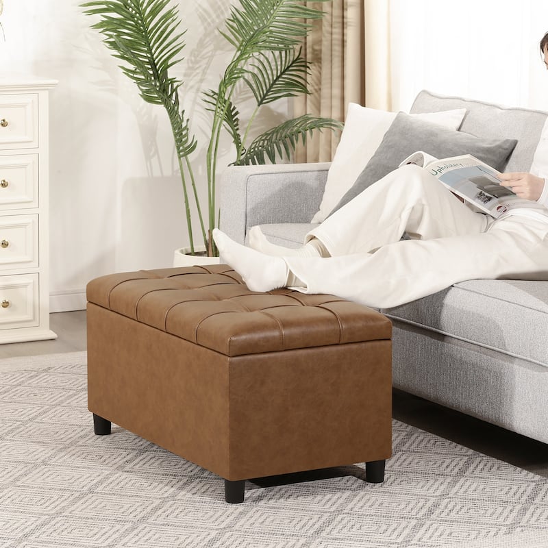 Adeco Rectangular Storage Ottoman Faux Leather Bench Lift-top Footrest
