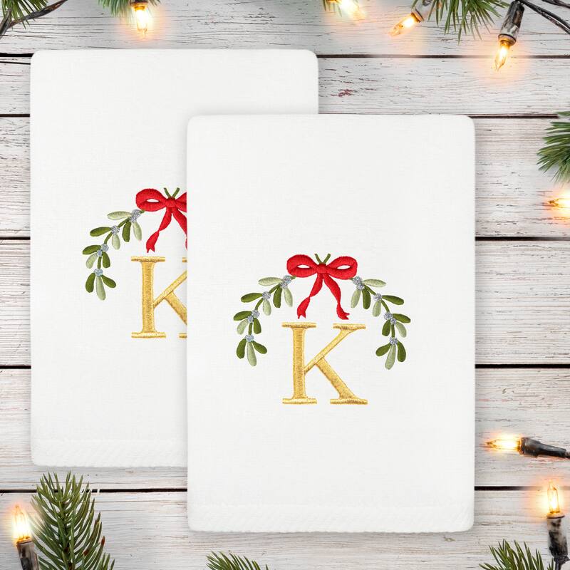 Authentic Hotel and Spa Christmas MISTLETOE MONOGRAM Embroidered Luxury 100% Turkish Cotton Hand Towels Set of 2