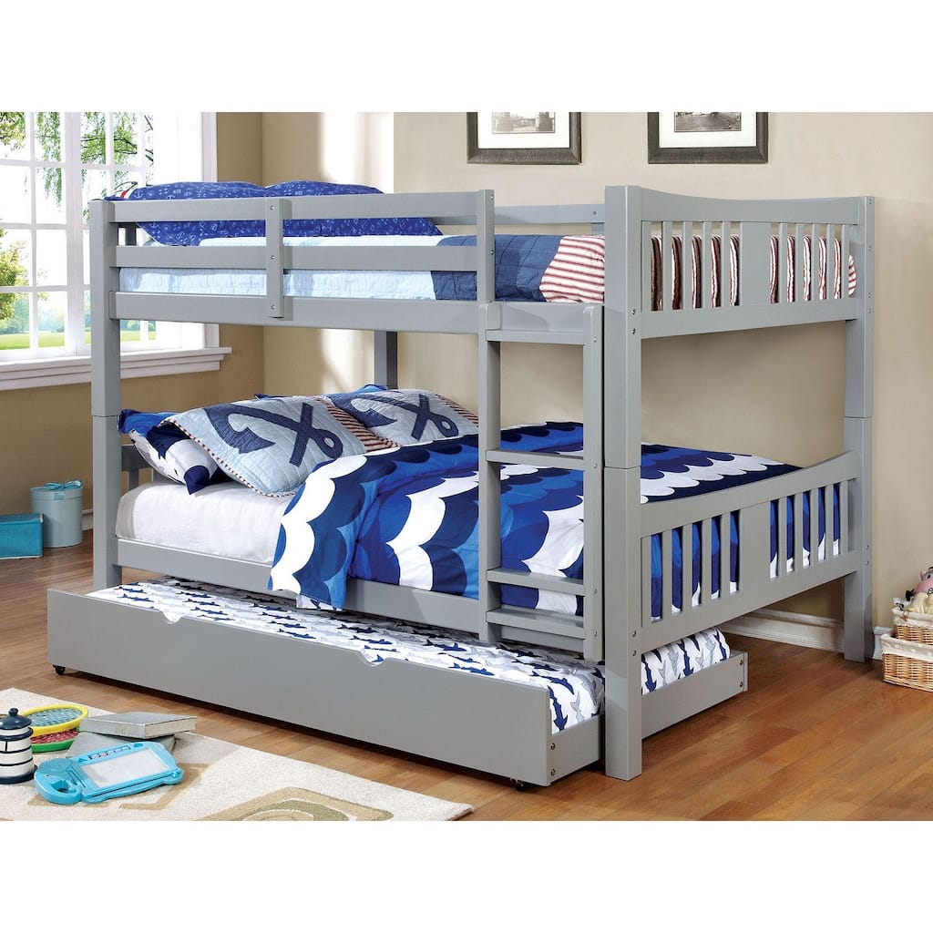 Gray Full Over Full Bunk Bed with Trundle and Attached Ladder, Transitional Style