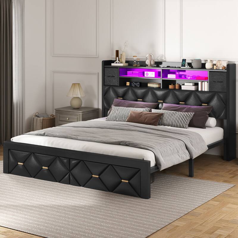 Black Farmhouse Bed Frame Upholstered Headboard Platform Bed with Charging Station