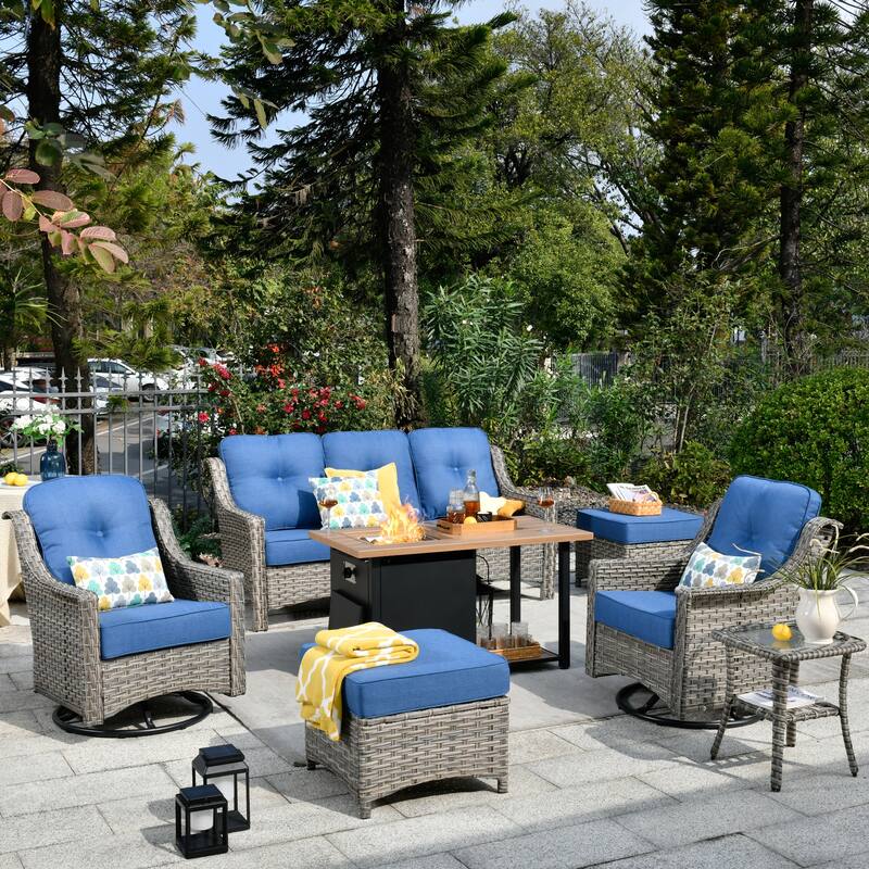 XIZZI 7-piece Outdoor Patio Furniture Conversation Sofa Set with Fire Pit - Diamond Blue