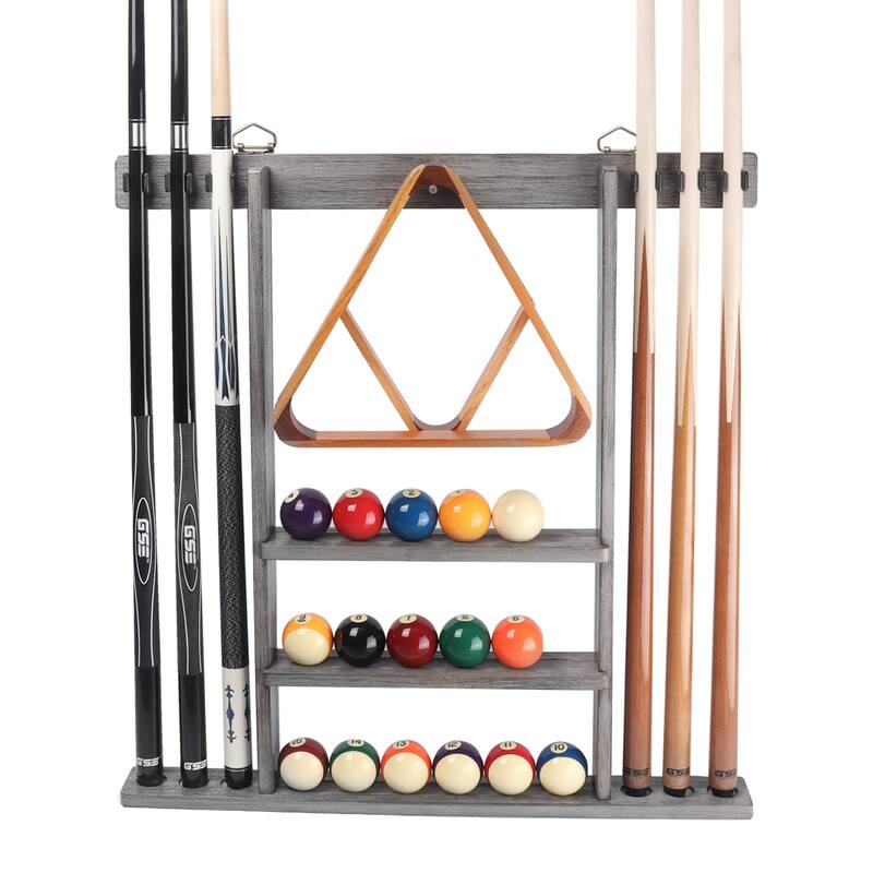 GSE™ 6-Pool Cue Wall Mounting Billiard Cue Rack, Hanging Wall Mounted Pool Cue Stick Holder - Brushed Grey