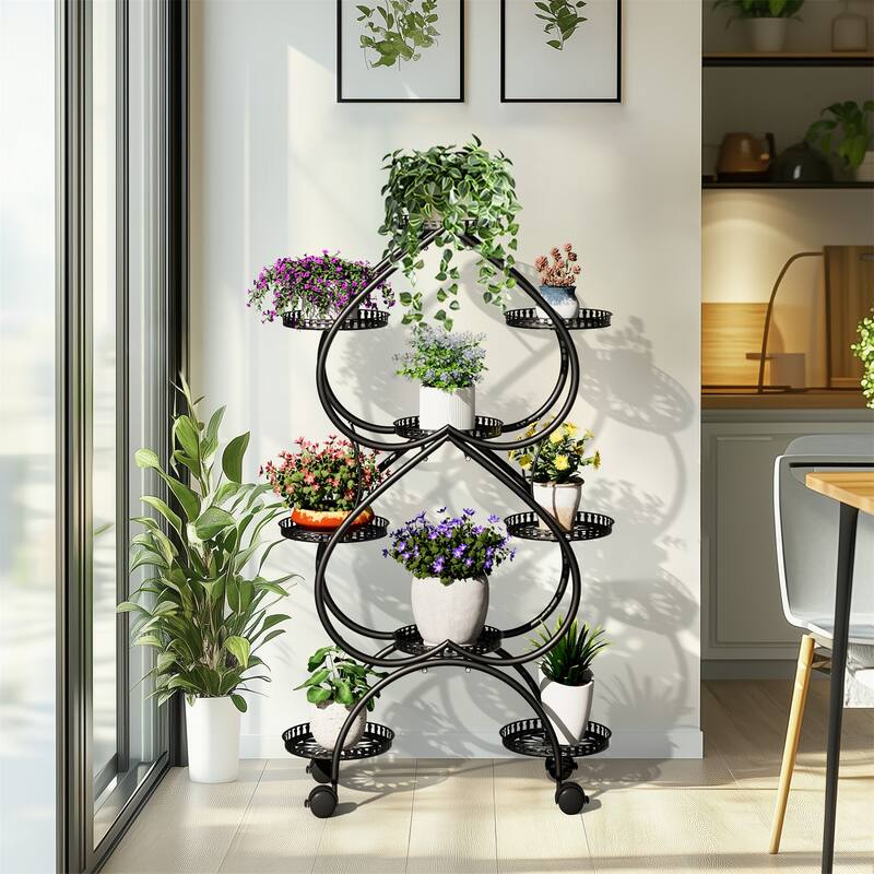 Large Double-heart Black Metal Plant Stand 9-Potted Flower Holder with Mobile Wheels Display Rack - 28.74x11.81x48.82 in