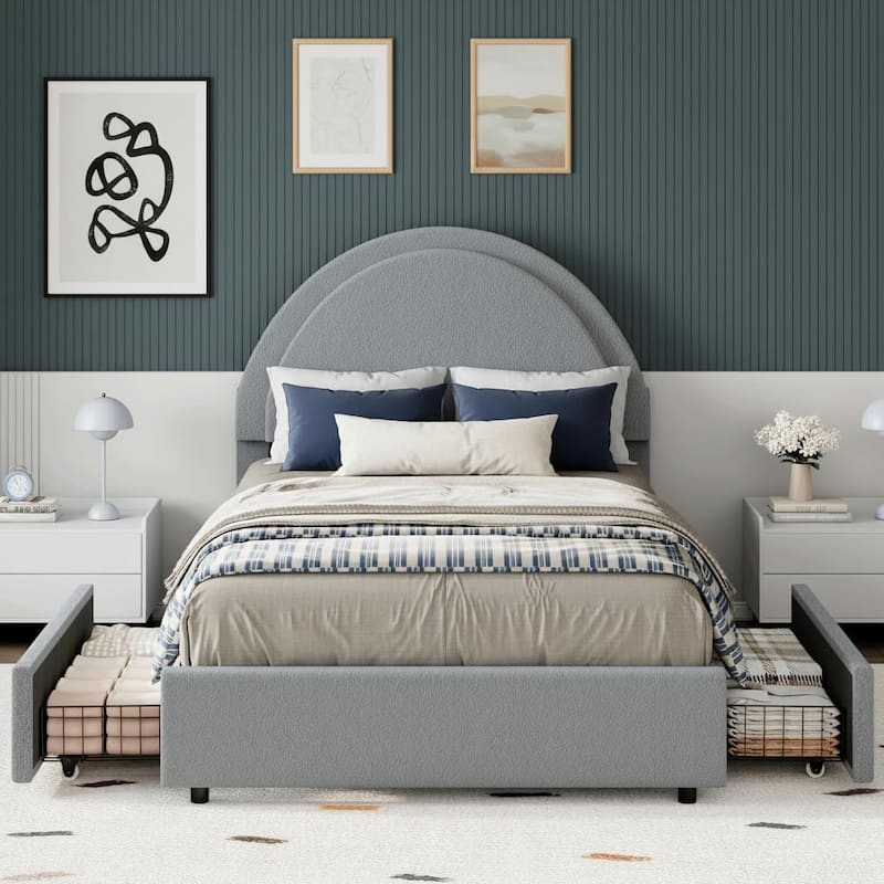 Boucle Upholstered Platform Bed Frame, with 2 Storage Drawers - Light Grey - Twin