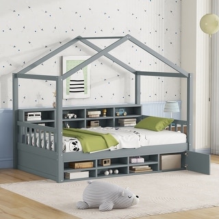 Twin/ Full Size Headboard Bed with Shelves and Mini-cabinet, Creativity Wooden House Bed Frame for Kids, Teens