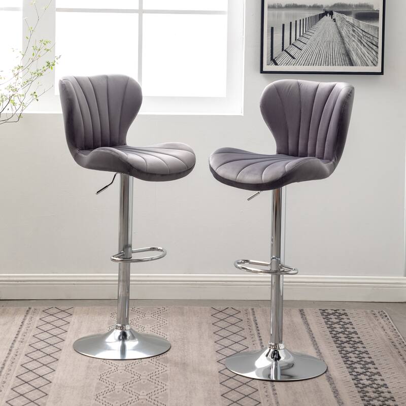 Set of 2 Adjustable Swivel Barstools with Upholstered Bucket Seats and Chrome Footrest.