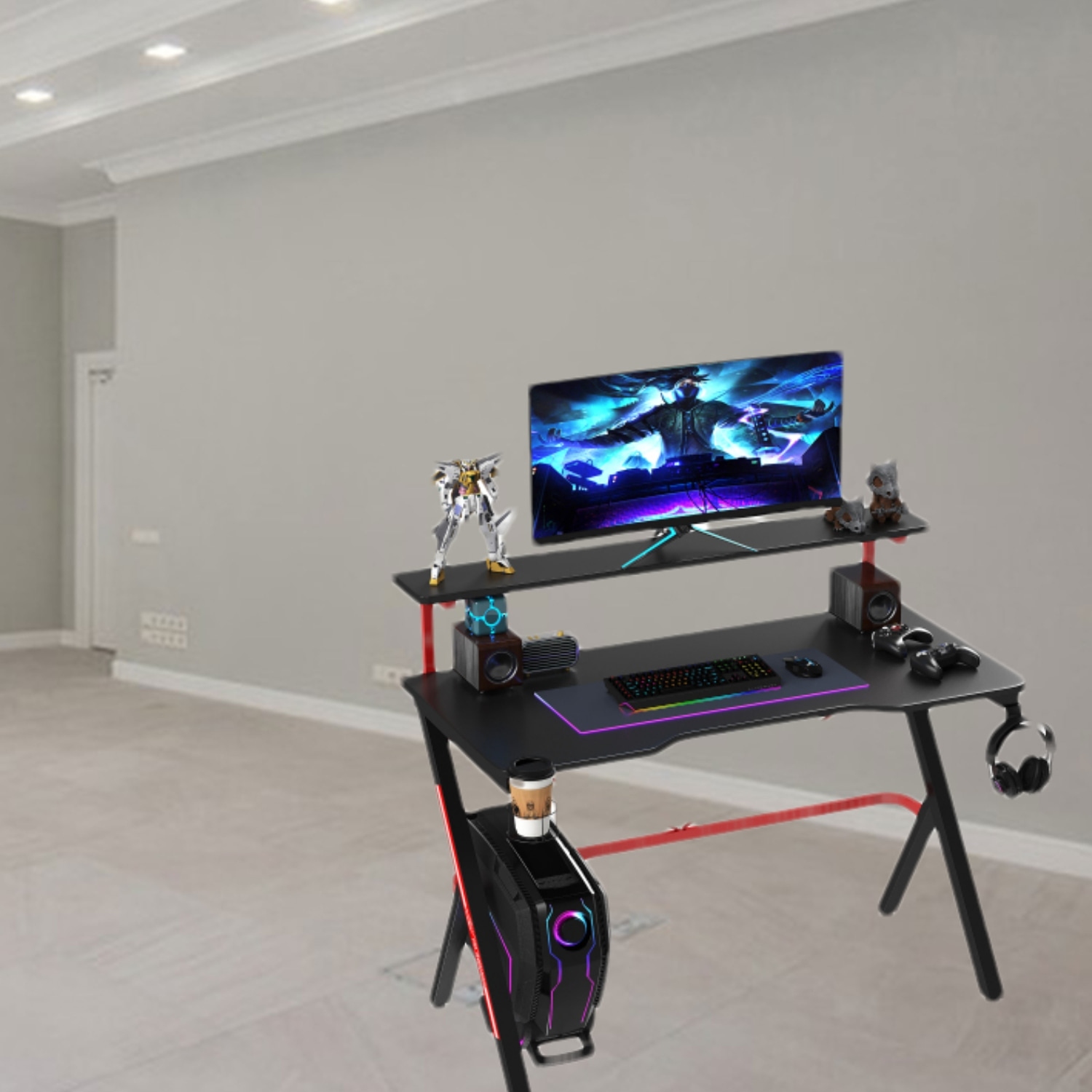 Racing Style 47 Gaming Desk with Double Layer Top Carbon Fiber Surface Cup Holder Cable Management Bed Bath Beyond 42294819