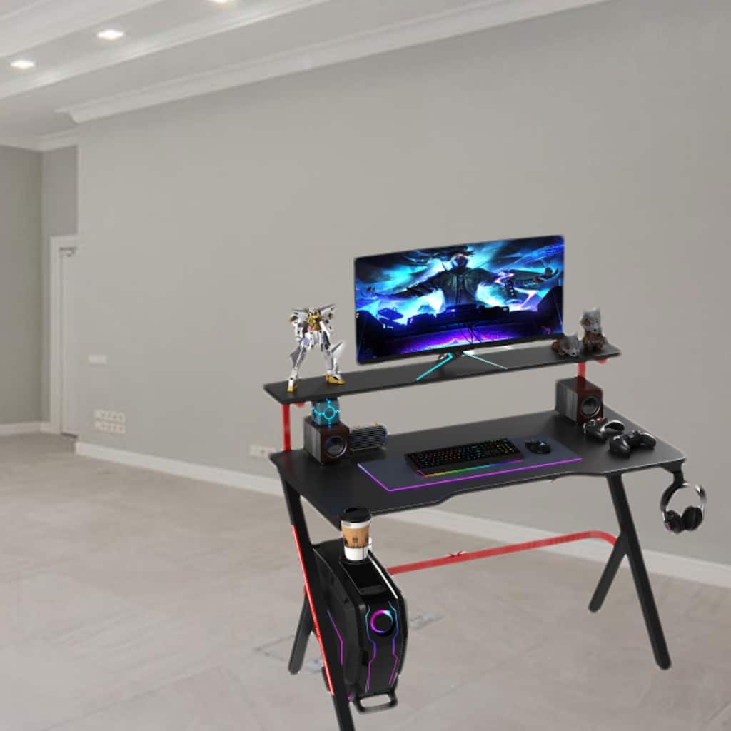 Racing Style 47" Gaming Desk with Double Layer Top, Carbon Fiber Surface, Cup Holder & Cable Management